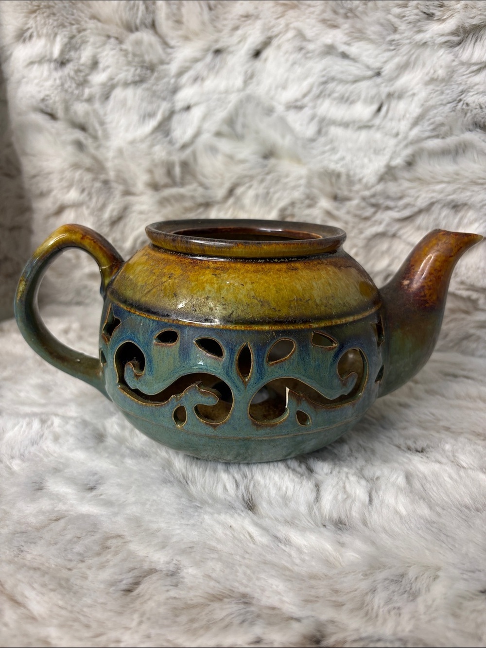 Handcrafted Ceramic Teapot Lamp Base in Blue-Green and Amber